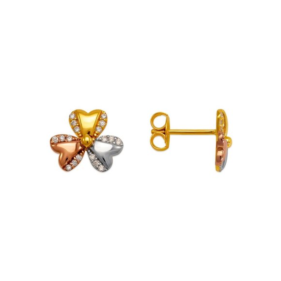 14K REAL GOLD Fancy Flower CZ Stud Earrings - Picture 2 of 4